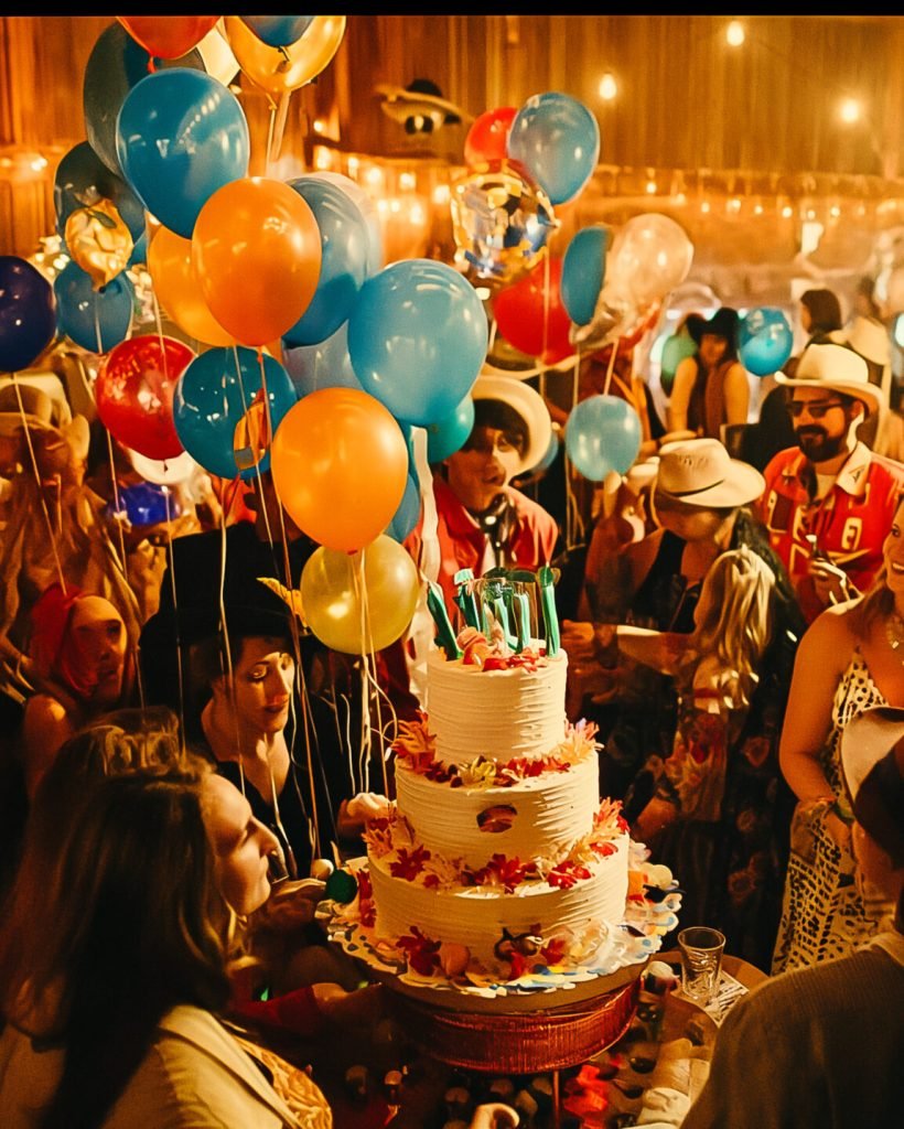 People are gathered around a cake with balloons and a cake topper
