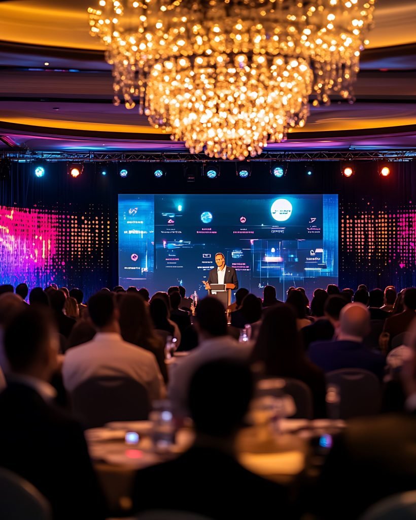 people sitting at tables in a room with a stage and a chandelier